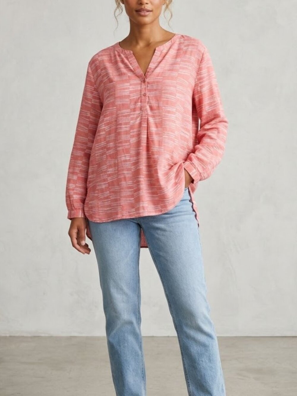 NIC+ZOE 100% Linen Coral Pink Geometric Line Tunic Top Size Large Coastal Boho